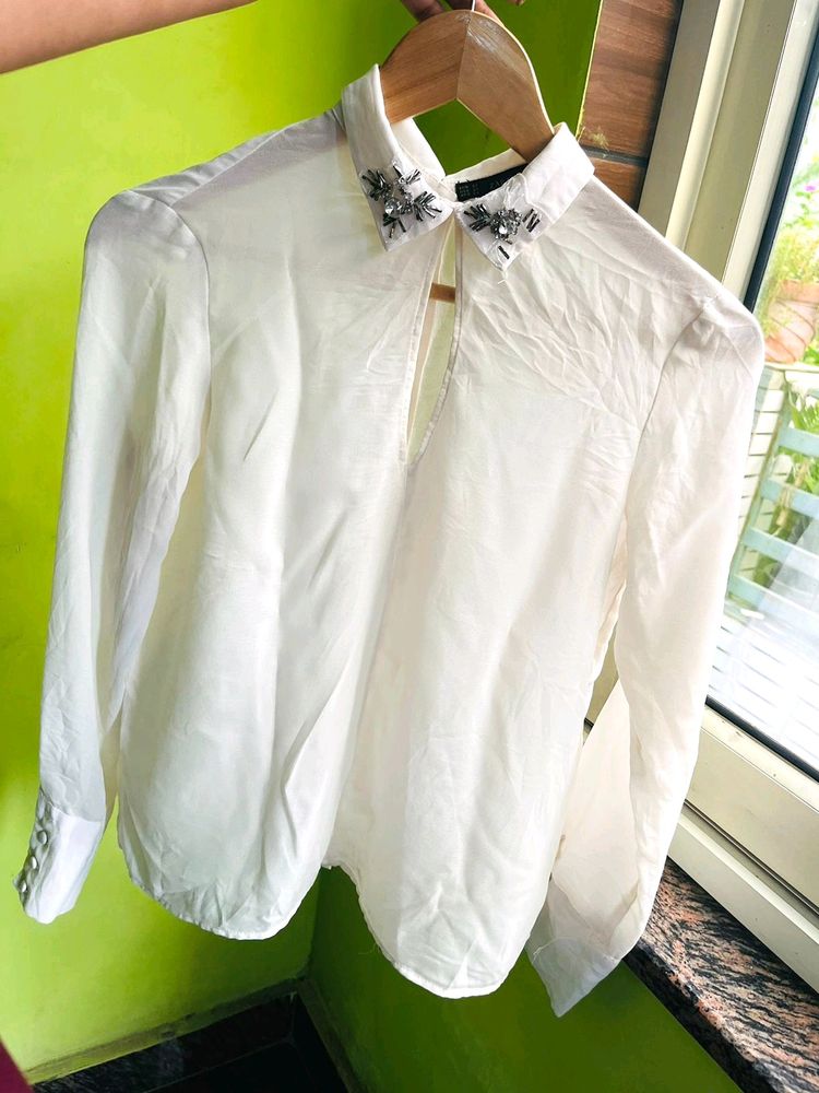 Zara white embellished collar shirt