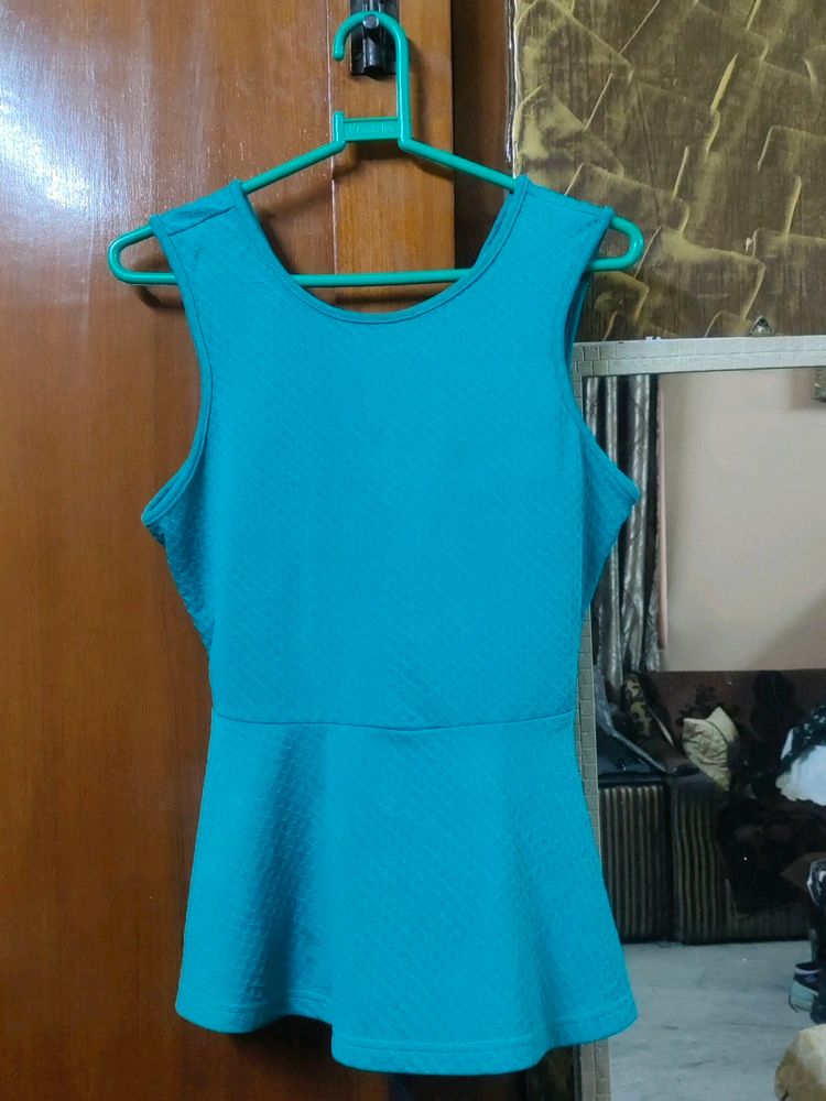 Sea Green Peplum Top With Bow Back