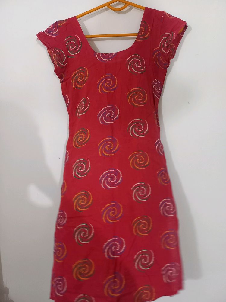 Printed Red Stitched Kurti.