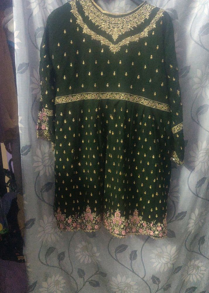 Green Frock With Multi Colour Design