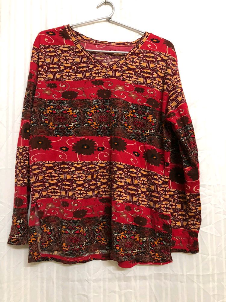 V Neck Printed Red Top