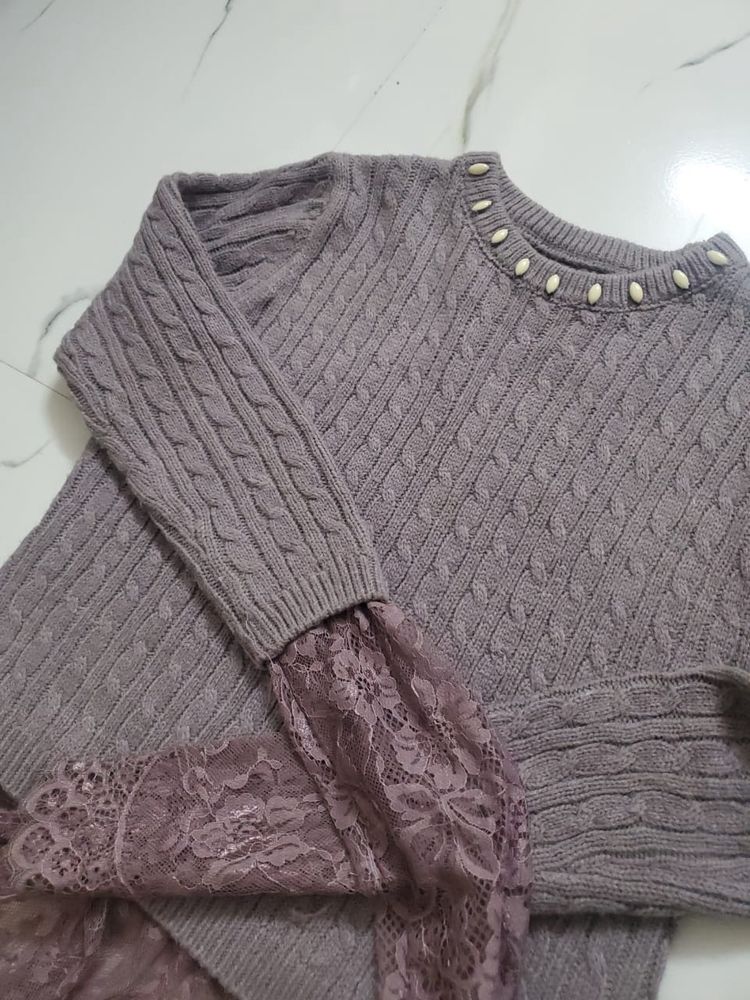 Lavender Woollen Sweater With Net