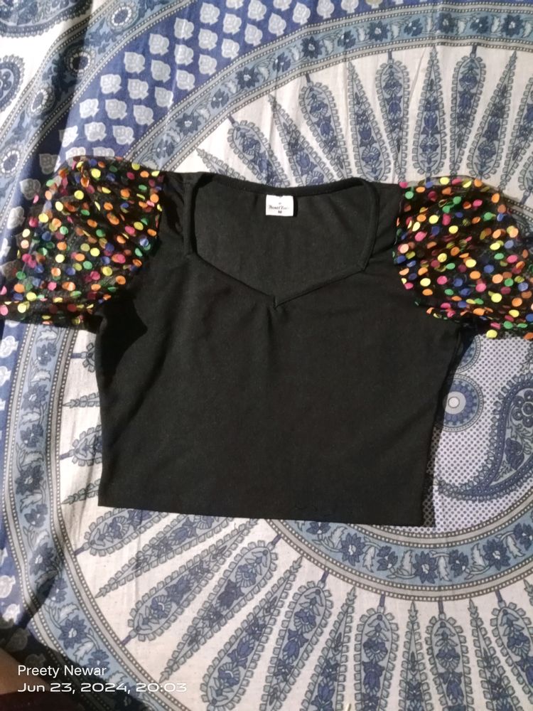 Black Crop Top With Puffy Sleeve