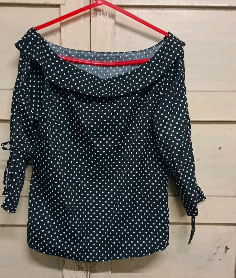 Polka Print Boat Neck Black Top