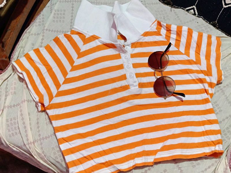 Orange And White Crop Tee