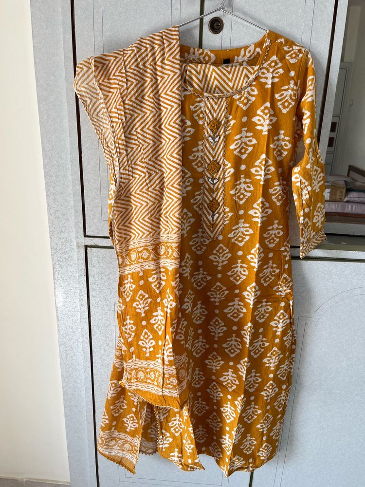 Yellow Kurta Pant N Dupata Set