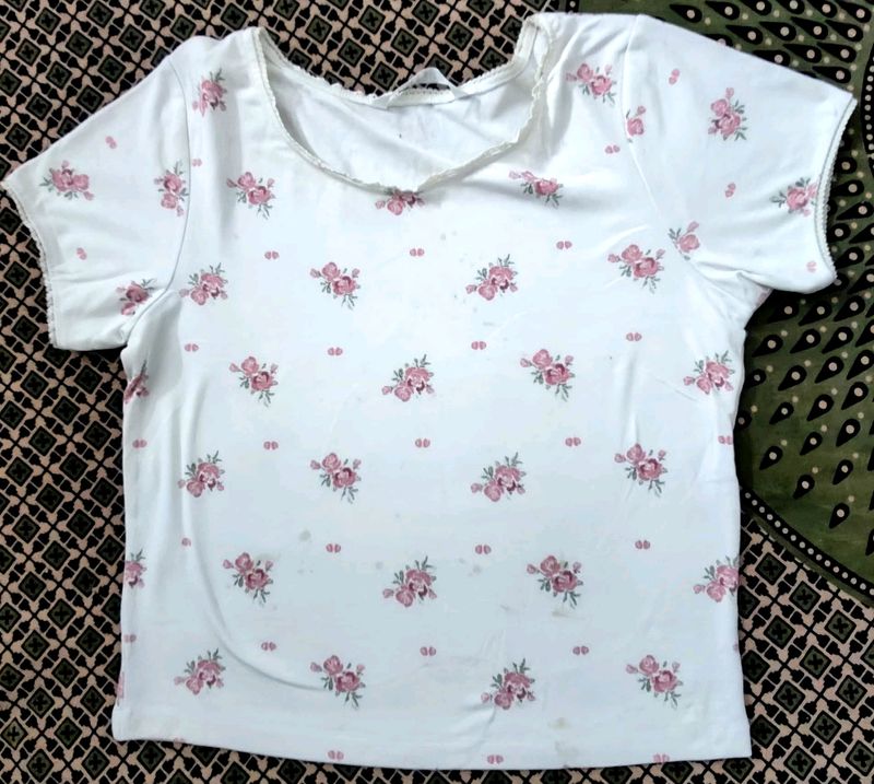 Cute Little White And Pink Floral Crop Top