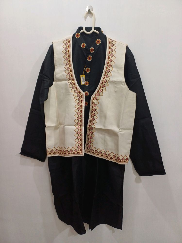 Jacket Kurta Chudidar Set (Black/White)