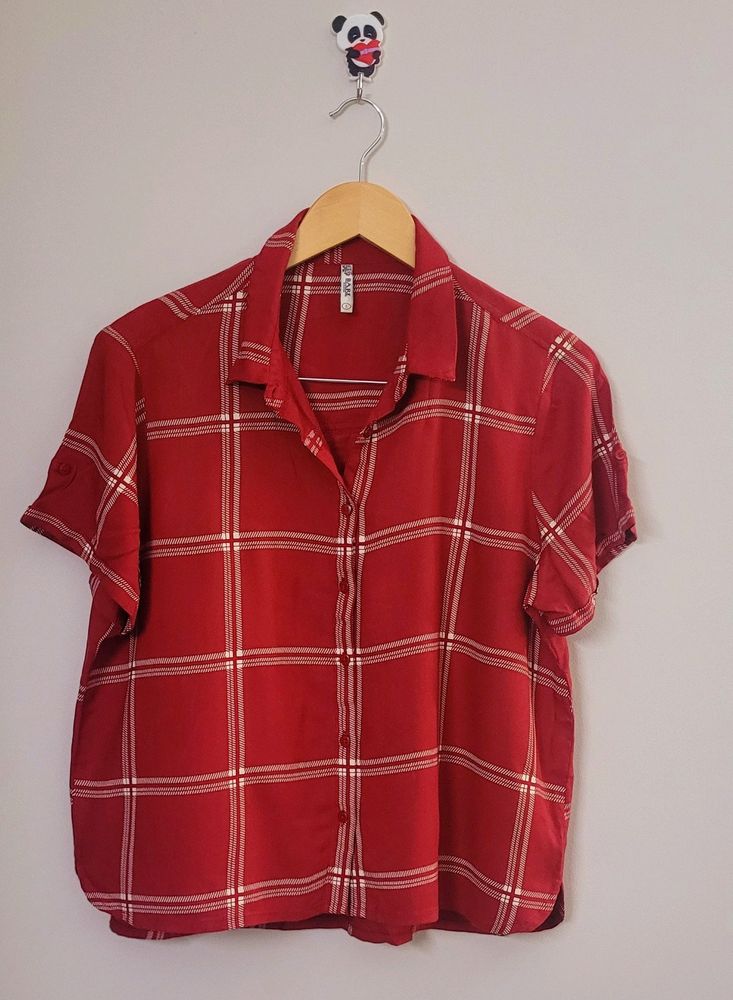 Red Checked Casual Half Sleeves Shirt Collar Women