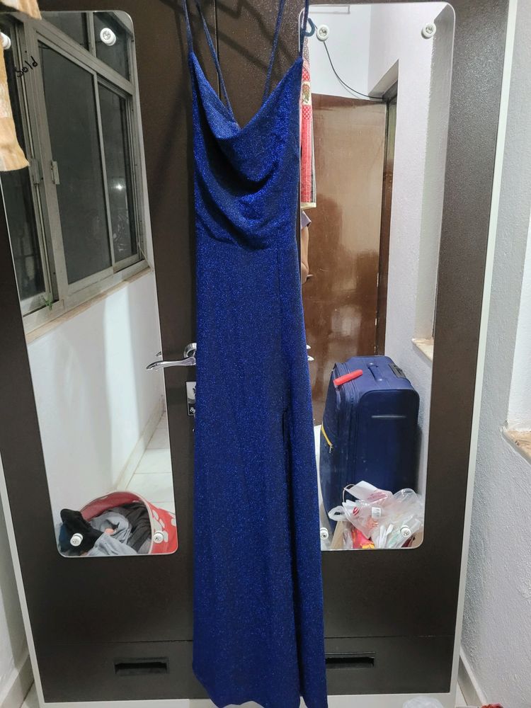 Urbanic Blue Shimmer Party Gown With Front Slit