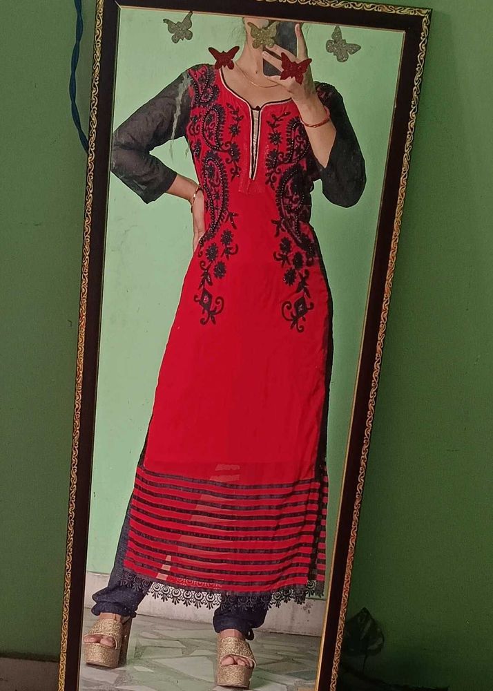 Red And Black Long Straight Embroidered Kurta