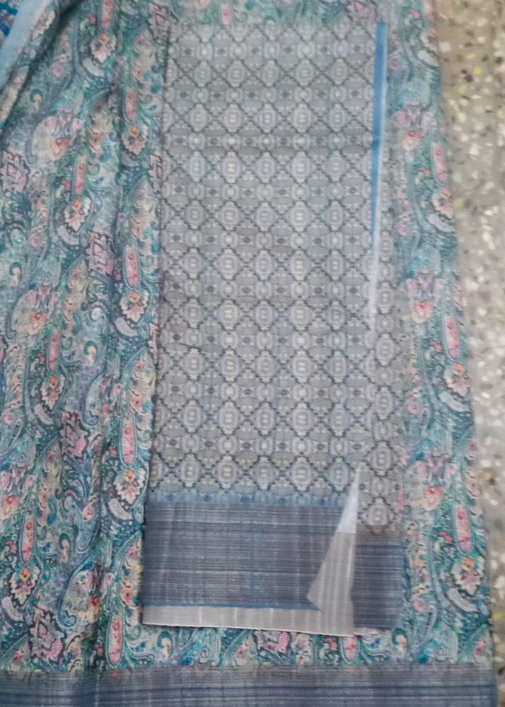 Tussar Grey And Blue Saree