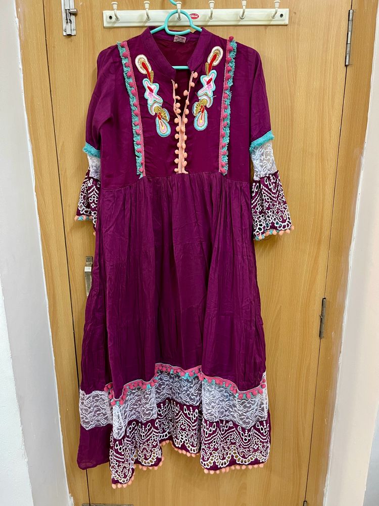 Purple Embroidered With Lace Anarkali Kurta