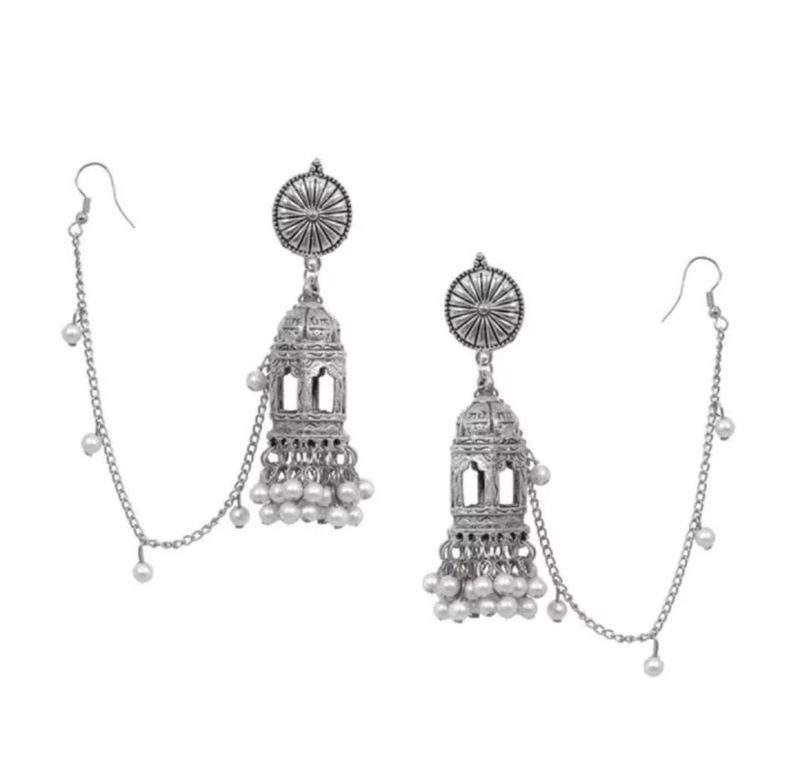 silver jhumki with ear chain