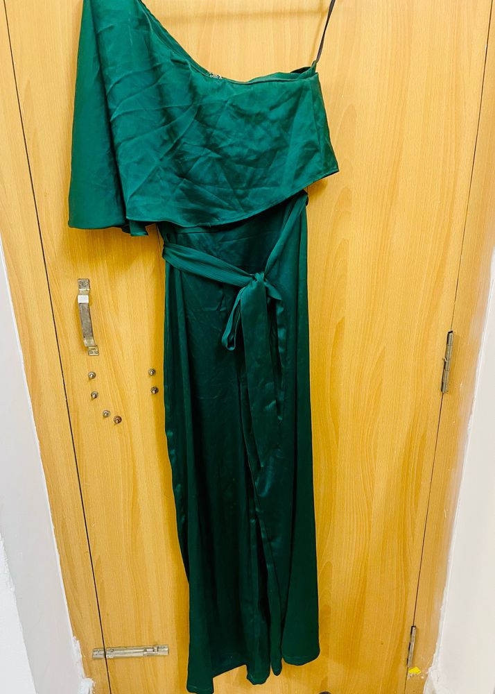 Shein Green Satin One Shoulder Jumpsuit