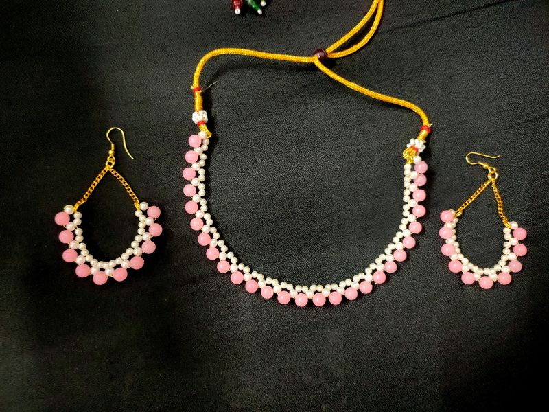 Pink & White Colour Moti Necklace