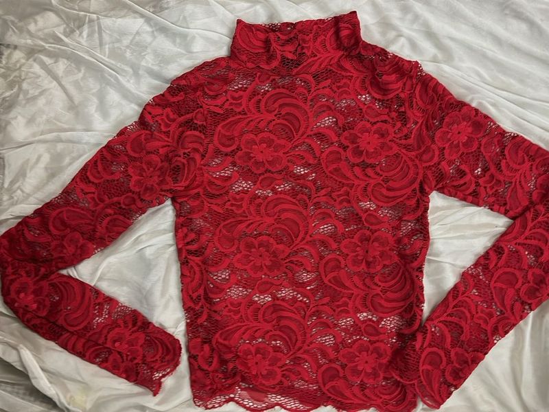 Gorgeous Floral Netted Full Sleeve Red Top