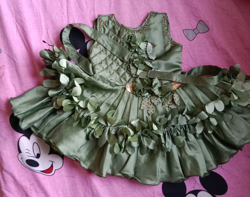 Olive Green Colour Frock For 6-12 Months Girl