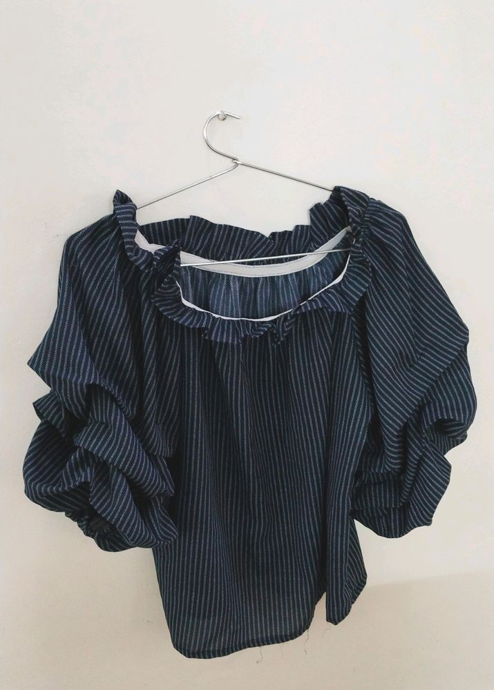 Puffed Sleeve Navy Blue Off Shoulder Top💕