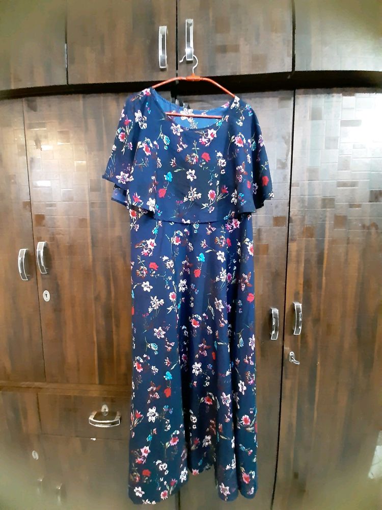 A navy Blue Flared Floral Dress