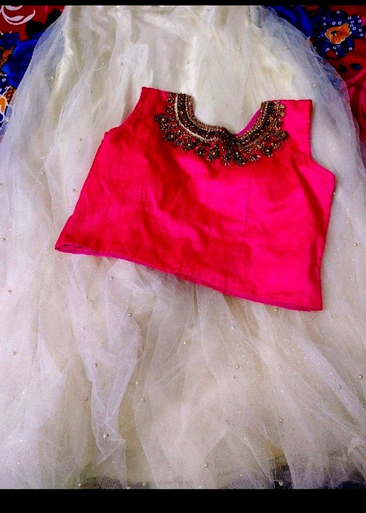 White Pink Lehenga Choli Dupatta+ Shrug