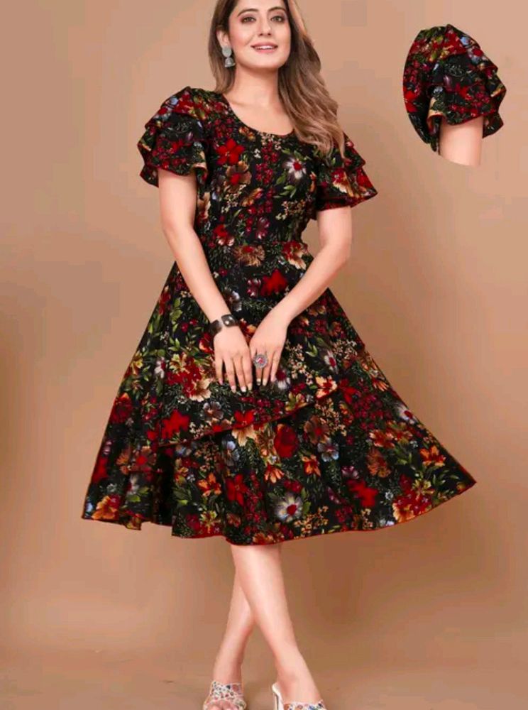 Women Black Nd Red Floral Print Layered Dress