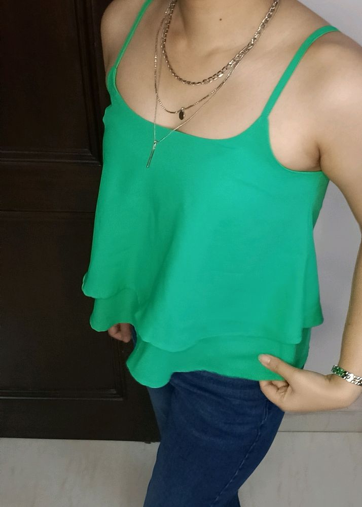 Ginger Solid Green Layered Spaghetti Top