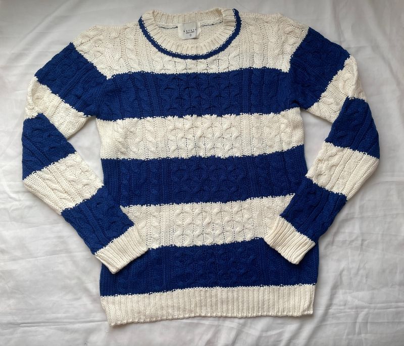 White & Blue Cable Knitted Sweater