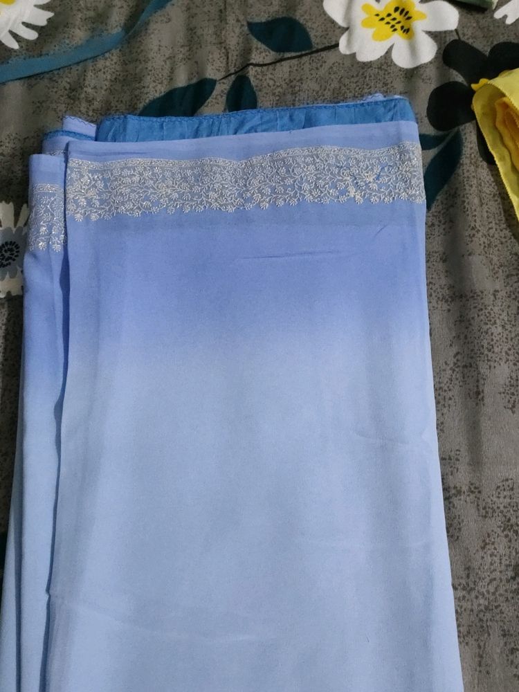 Sky Blue Ombre Shaded Rubber Print Saree With Fall