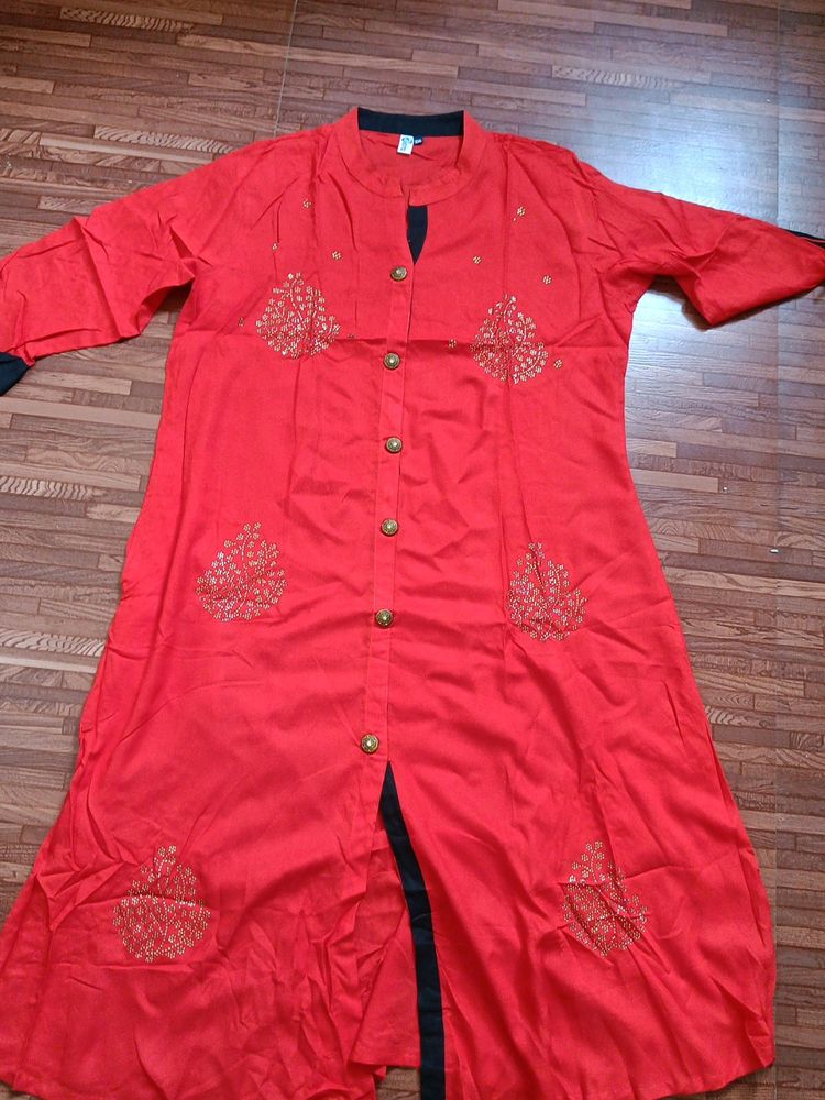 "Elegant Red Kurta with Golden Embroidery