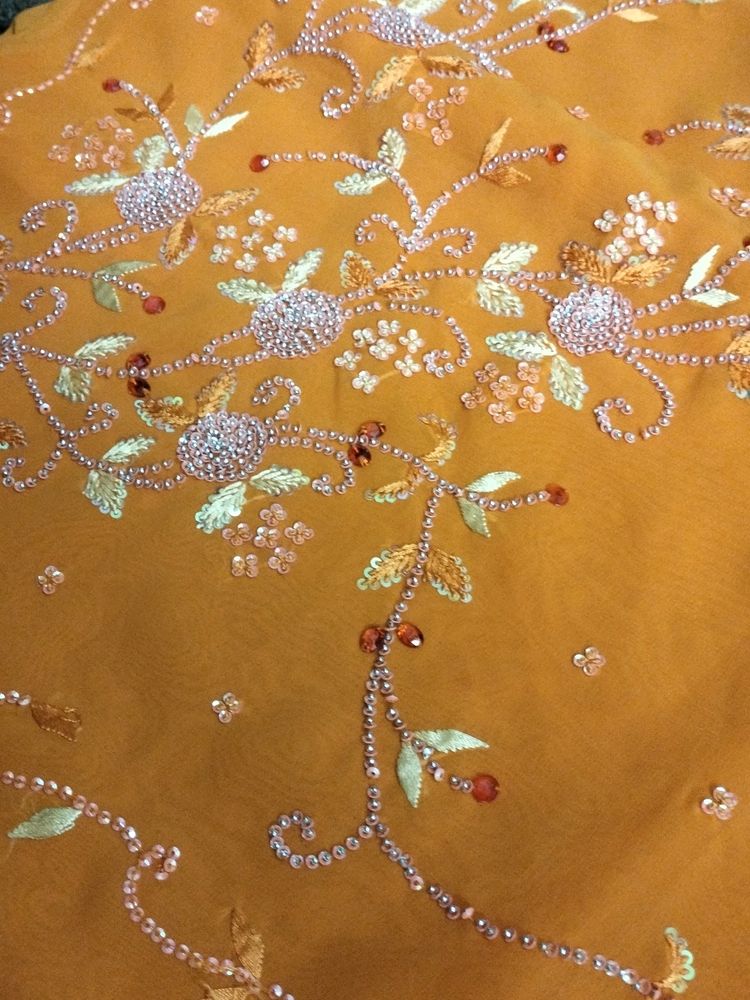 Stone Work Orange Saree With Blouse