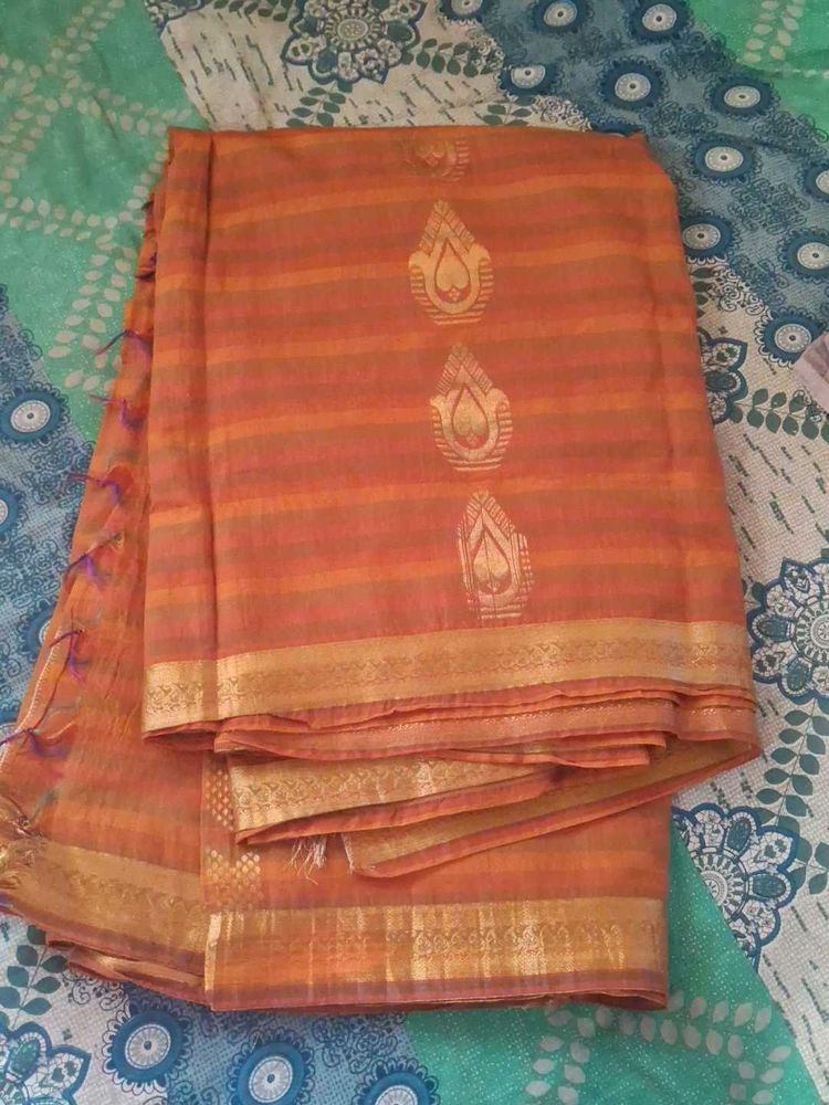 Orange Cotton Silk Saree