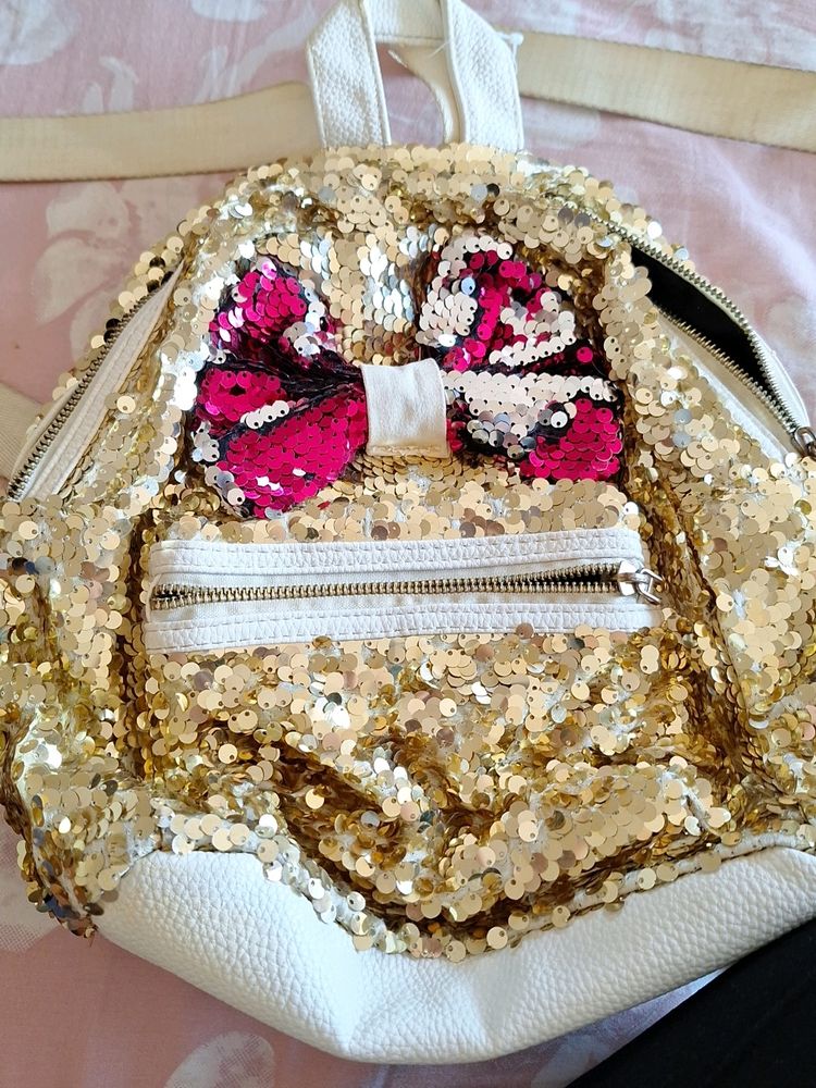 Sequin Backpack With Bow Golden And Red