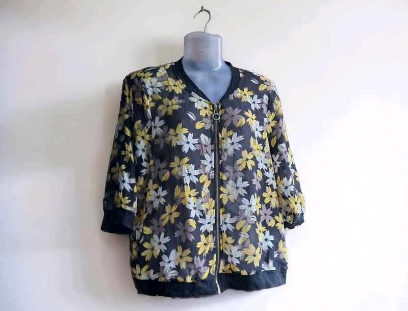 Floral Print Full Zip Fashion Top