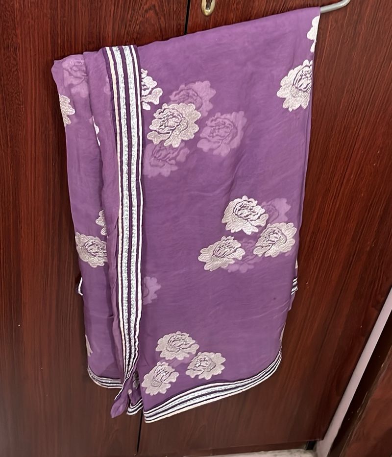 Purple Flower Work Saree With Blouse