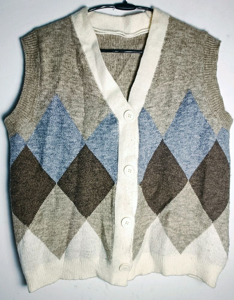 Argyle Pattern Button Front Vest Cardigan