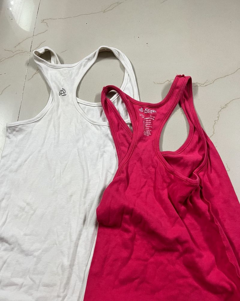 New Jockey White&pink Sports Gym Tank Tops