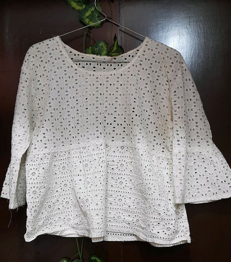 White Broderie Peplum Top