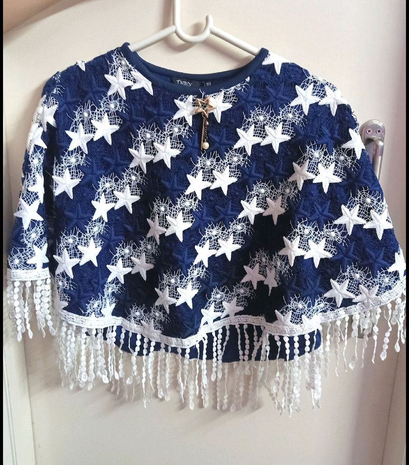 Navy Blue & White Full Embroidery Poncho