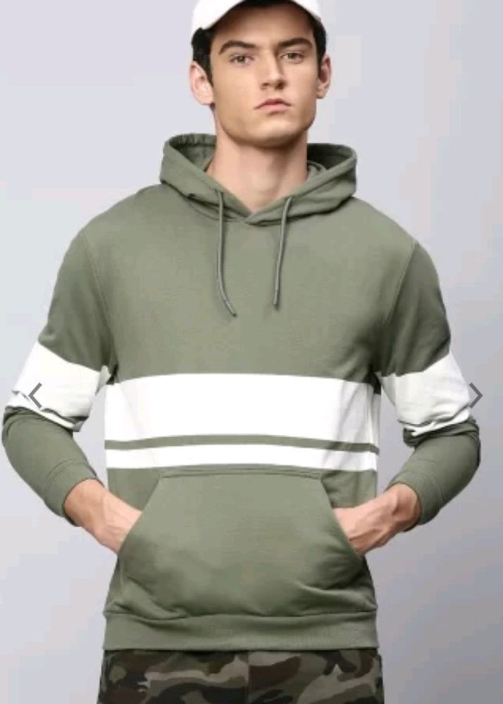 Olive Green Color Blocked Hooded Sweatshirt