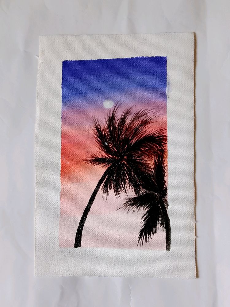 Sunset And Palm tree Canvas Painting (HANDMADE)