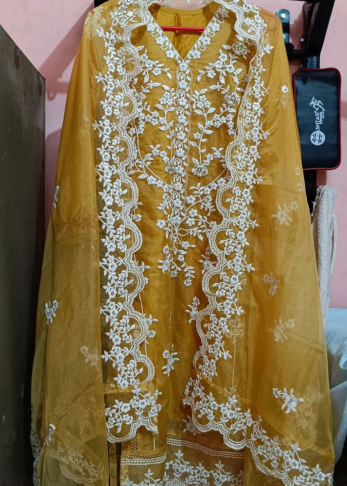 Mustard Organza Pakistani Style Kurta Set