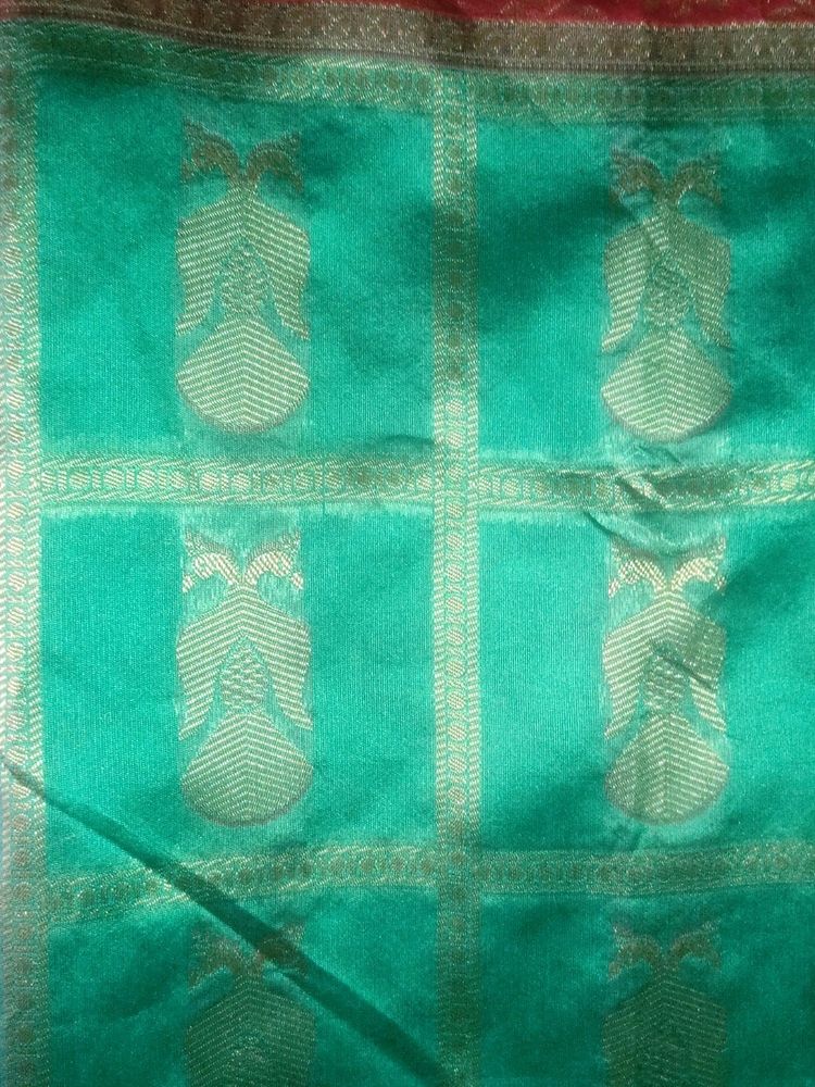 Sea Green And Red Colour Semi Pattu Saree