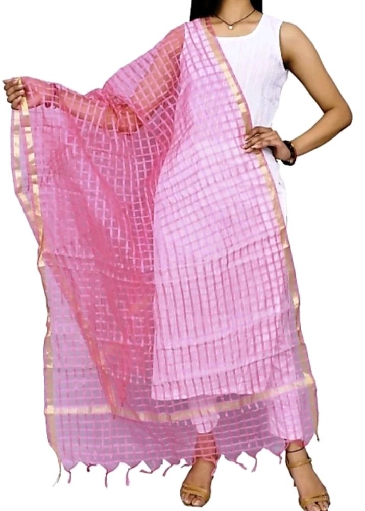 Net Checkered Peach Women Dupatta