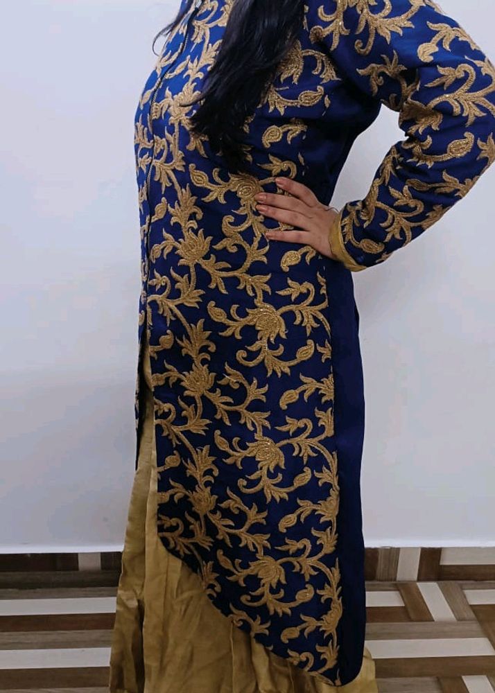 Navy Blue And Gold Designer Jacket Anarkali Suit