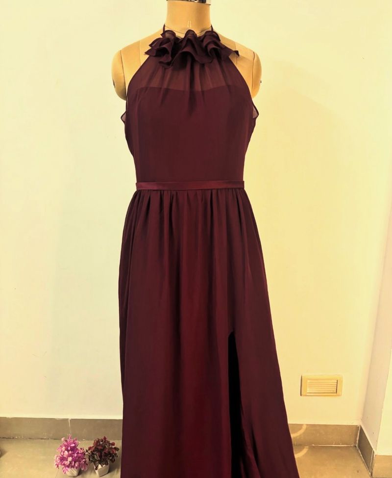 Maroon Gown With Floral Neck Detailing