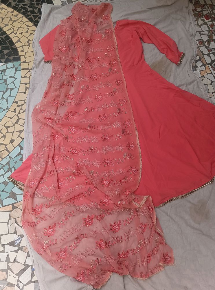 Stitched Peach Frock With Duppata