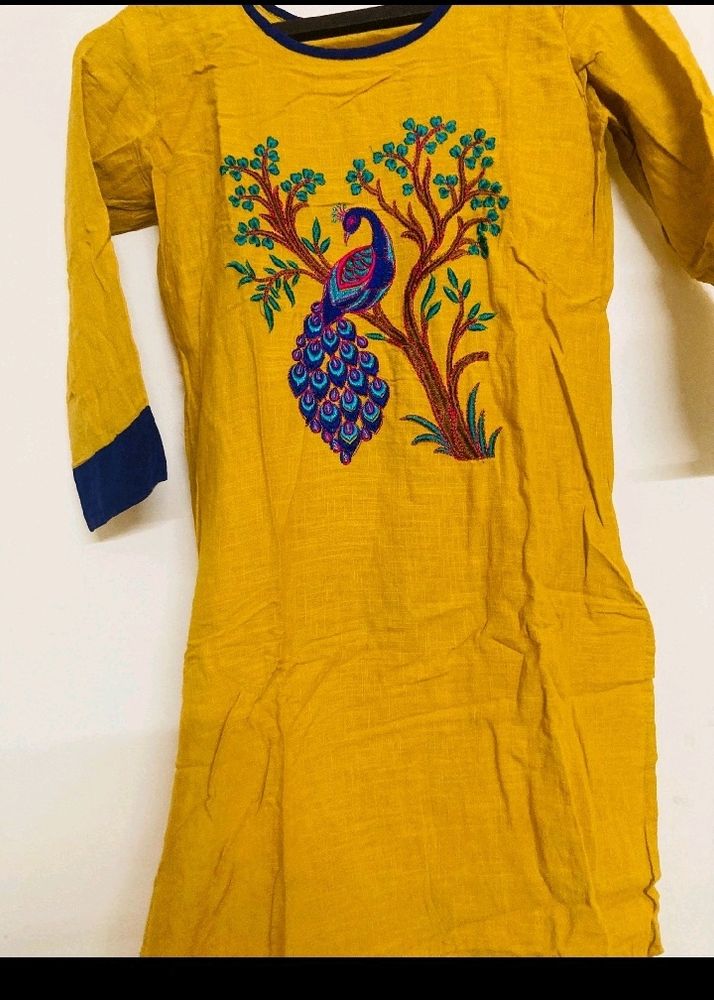 Mustard Yellow Peacock Embroidery Kurti