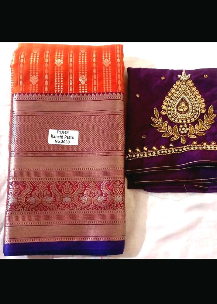 Offer New Orange Semi Kanchi Pattu Saree