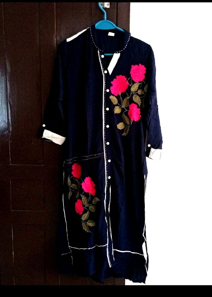Pure Cotton Navy Blue Kurta With Roses